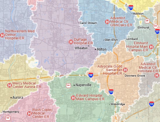 Map created with territory management software with territories around hospitals that are based on travel time to the nearest hospital