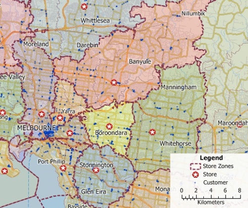 Map of Melbourne with territories based on driving time to stores