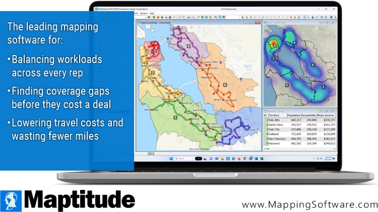 Maptitude map of six Bay Area sales territories with optimized vehicle routes, a population heat map, and a table of population, households, and mean income per territory