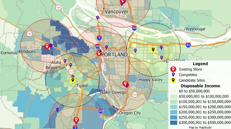 Maptitude map showing GIS retail site selection process to assess competitive retail, accessibility, and disposable income