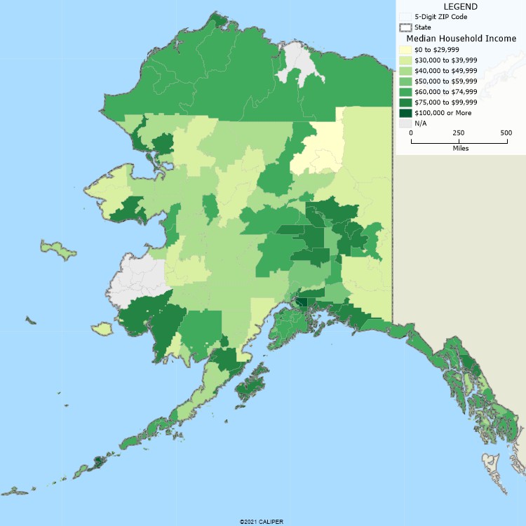 Maptitude Alaska Mapping Software map of income by ZIP Code in Alaska