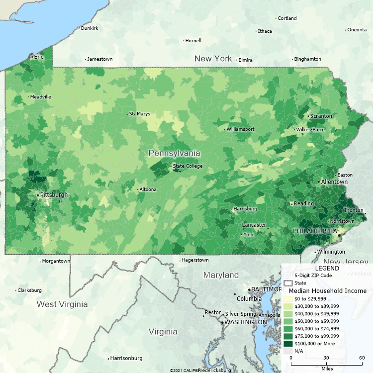 Maptitude Pennsylvania Mapping Software map of income by ZIP Code in Pennsylvania