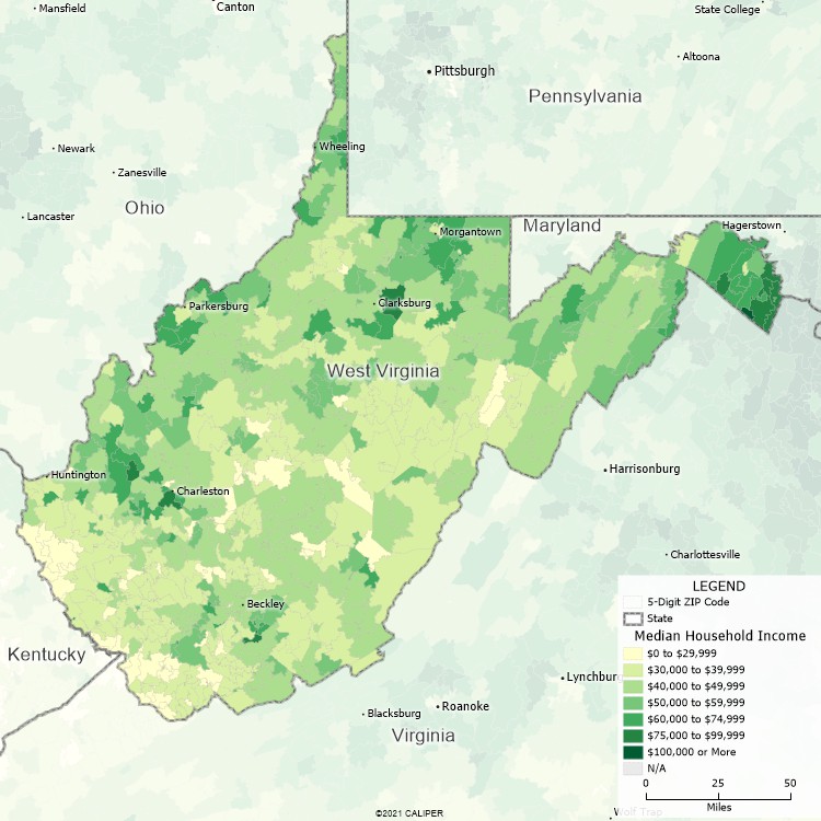 Maptitude West Virginia Mapping Software map of income by ZIP Code in West Virginia