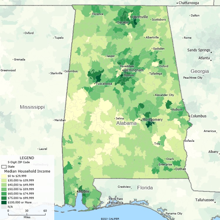 Maptitude Alabama Mapping Software map of income by ZIP Code in Alabama