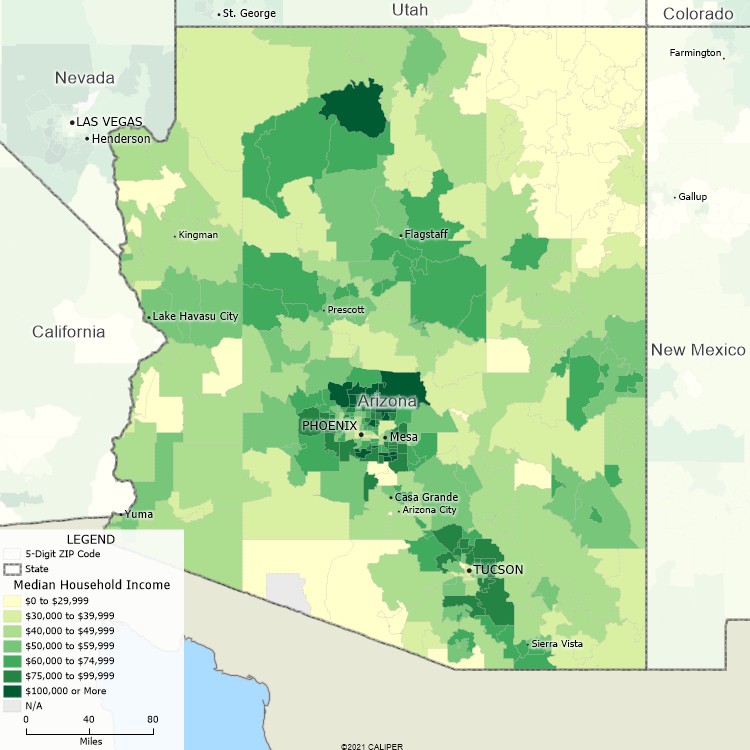 Maptitude Arizona Mapping Software map of income by ZIP Code in Arizona