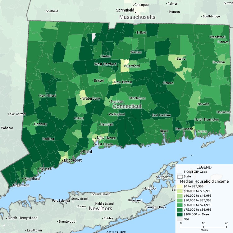 Maptitude Connecticut Mapping Software map of income by ZIP Code in Connecticut
