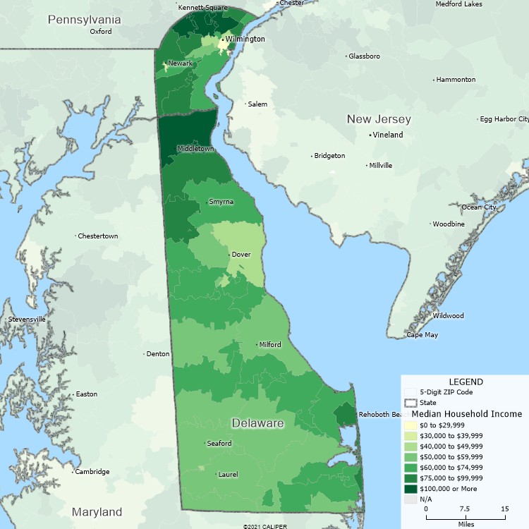 Maptitude Delaware Mapping Software map of income by ZIP Code in Delaware