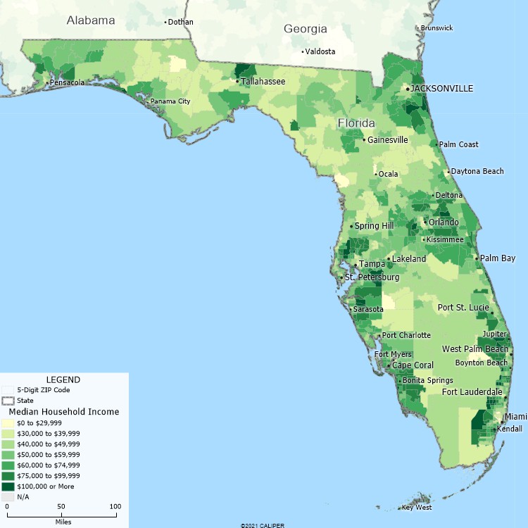 Maptitude Florida Mapping Software map of income by ZIP Code in Florida