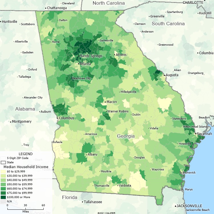Maptitude Georgia Mapping Software map of income by ZIP Code in Georgia