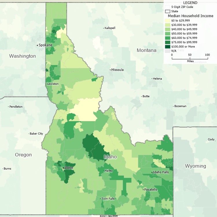 Maptitude Idaho Mapping Software map of income by ZIP Code in Idaho