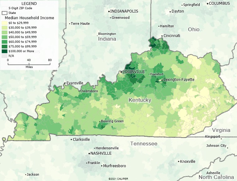 Maptitude Kentucky Mapping Software map of income by ZIP Code in Kentucky