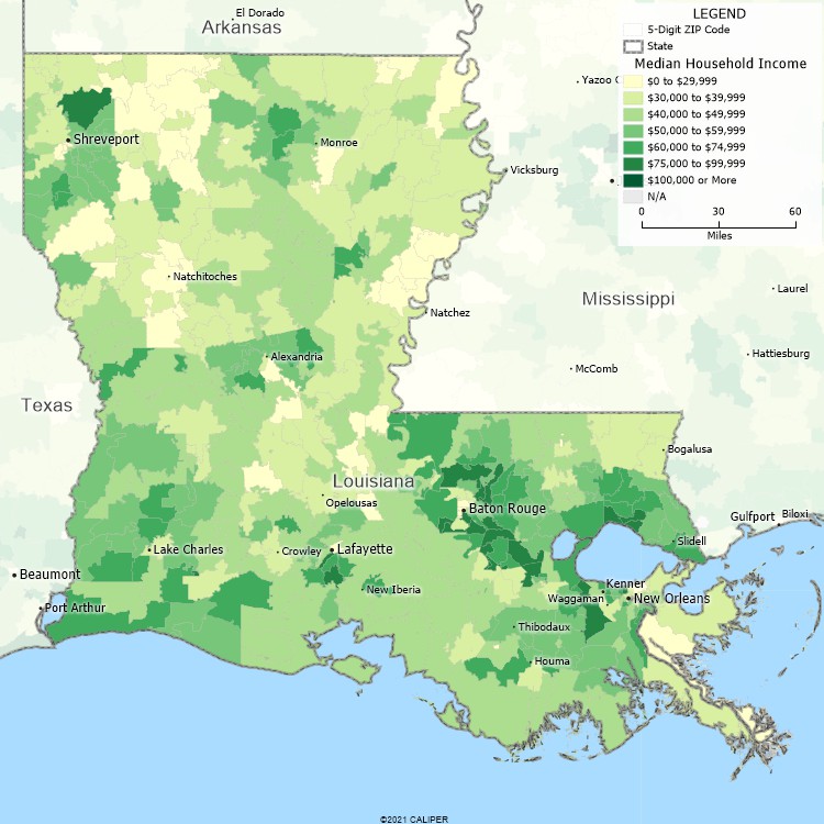 Maptitude Louisiana Mapping Software map of income by ZIP Code in Louisiana