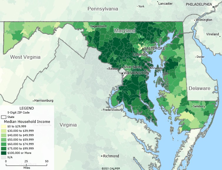 Maptitude Maryland Mapping Software map of income by ZIP Code in Maryland