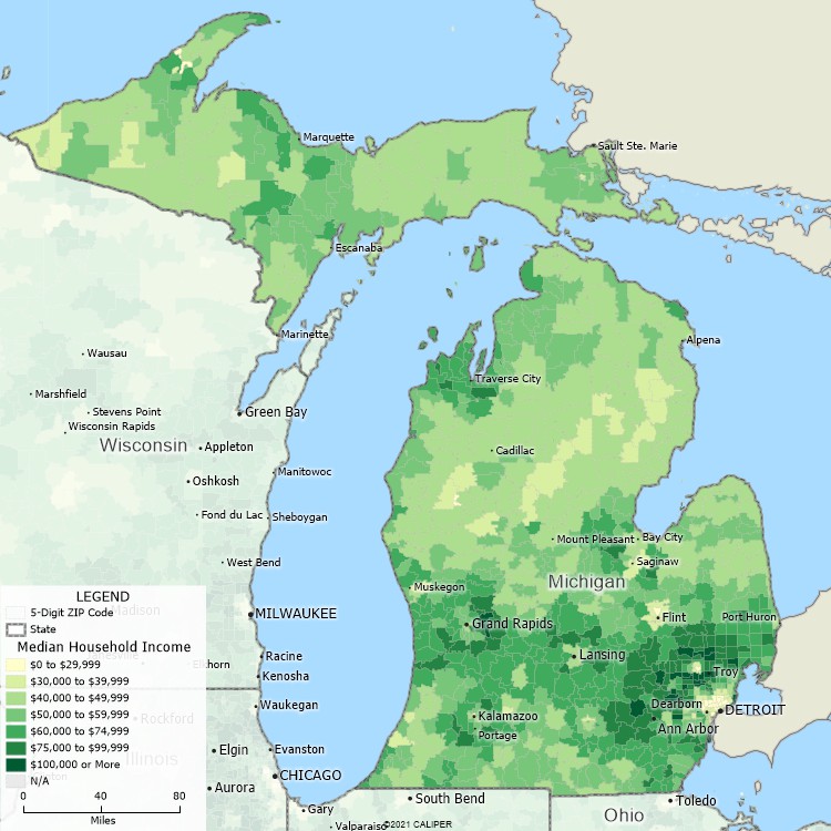 Maptitude Michigan Mapping Software map of income by ZIP Code in Michigan