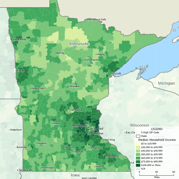 Maptitude Minnesota Mapping Software map of income by ZIP Code in Minnesota