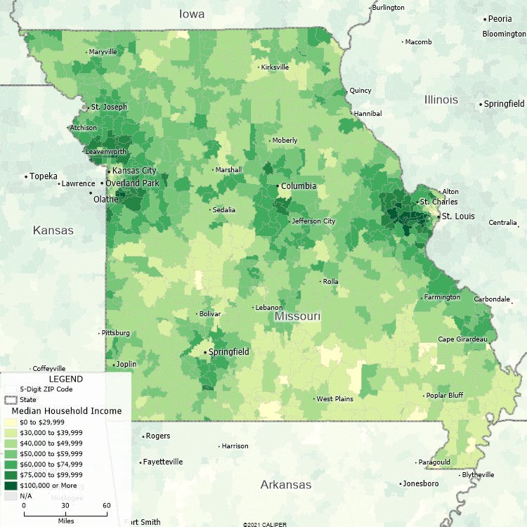 Maptitude Missouri Mapping Software map of income by ZIP Code in Missouri