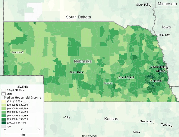 Maptitude Nebraska Mapping Software map of income by ZIP Code in Nebraska