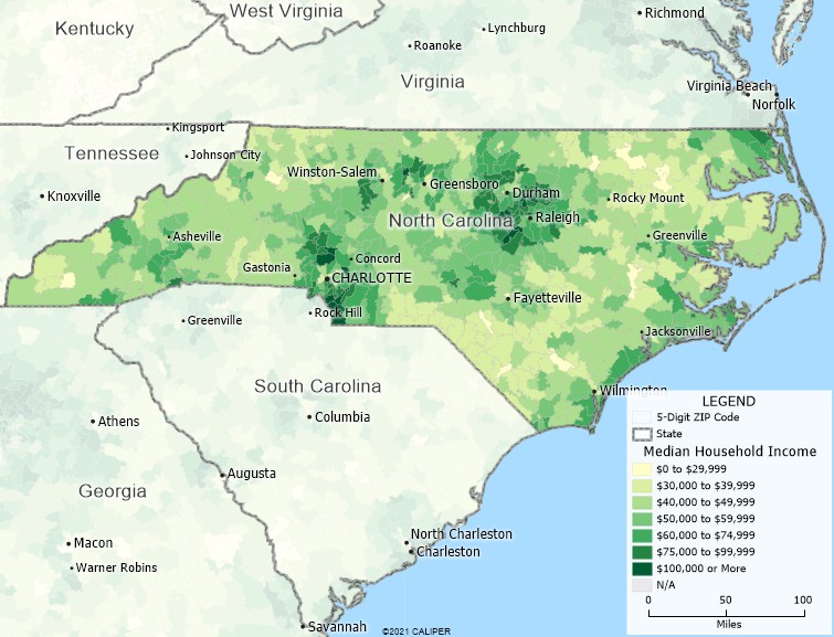 Maptitude North Carolina Mapping Software map of income by ZIP Code in North Carolina