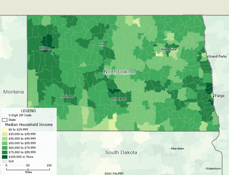 Maptitude North Dakota Mapping Software map of income by ZIP Code in North Dakota
