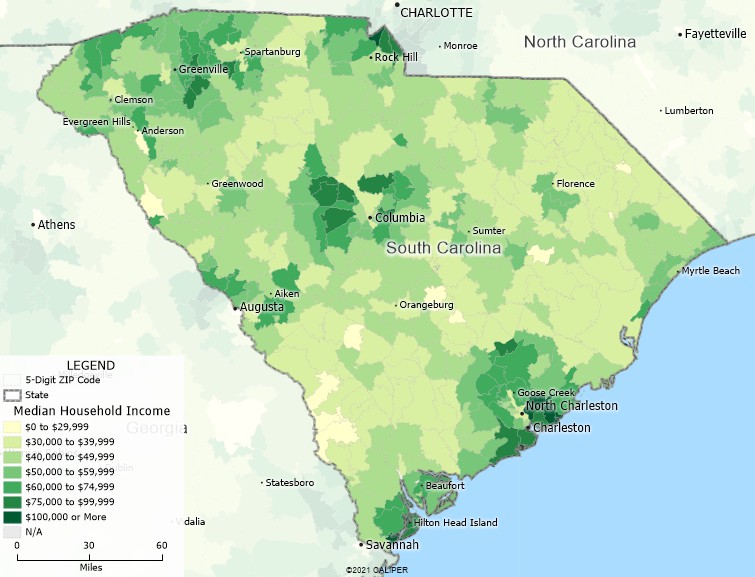 Maptitude South Carolina Mapping Software map of income by ZIP Code in South Carolina