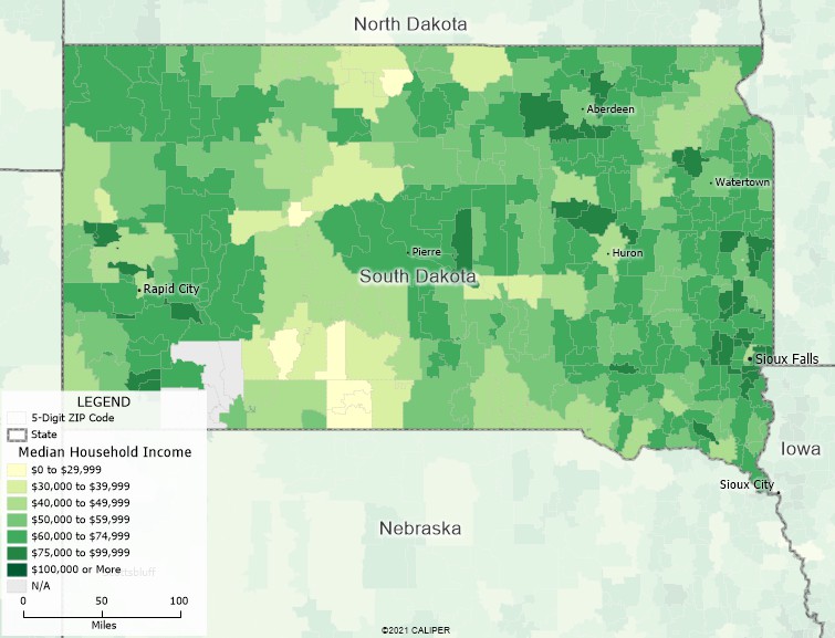 Maptitude South Dakota Mapping Software map of income by ZIP Code in South Dakota