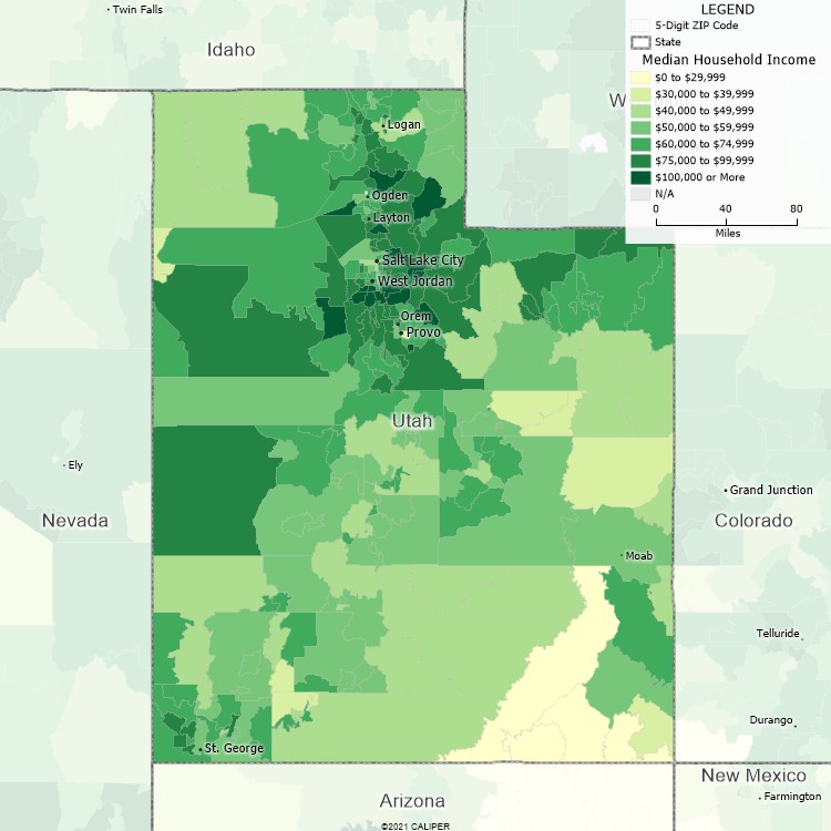 Maptitude Utah Mapping Software map of income by ZIP Code in Utah