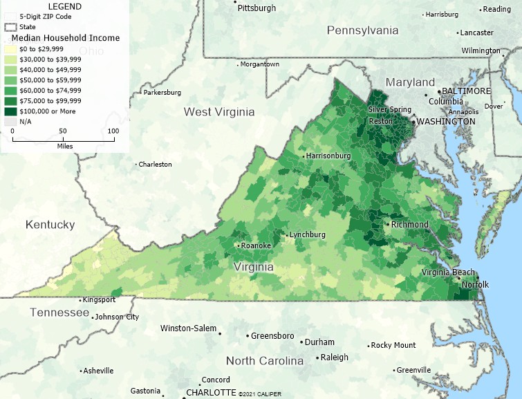 Maptitude Virginia Mapping Software map of income by ZIP Code in Virginia
