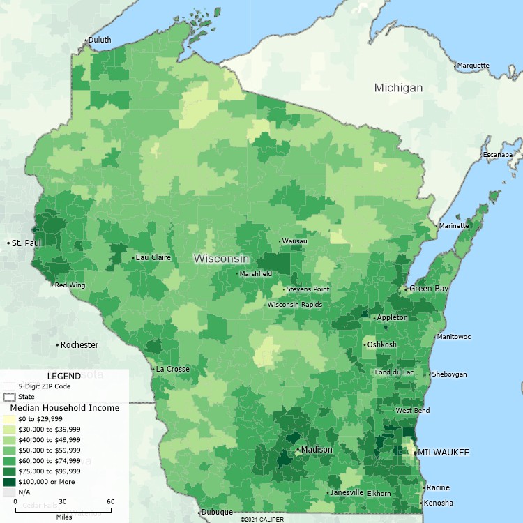 Maptitude Wisconsin Mapping Software map of income by ZIP Code in Wisconsin