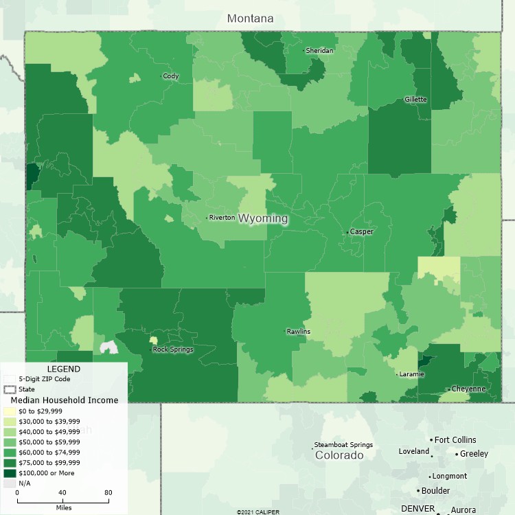 Maptitude Wyoming Mapping Software map of income by ZIP Code in Wyoming