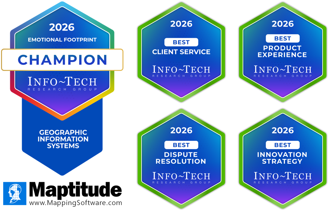 Info-Tech Research Group 2026 awards for Maptitude GIS mapping software: Emotional Footprint Champion for Geographic Information Systems plus Best Client Service, Best Dispute Resolution, Best Innovation Strategy, and Best Product Experience