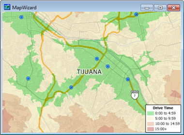Detailed street data allows you to create drive-time bands and calculate routes