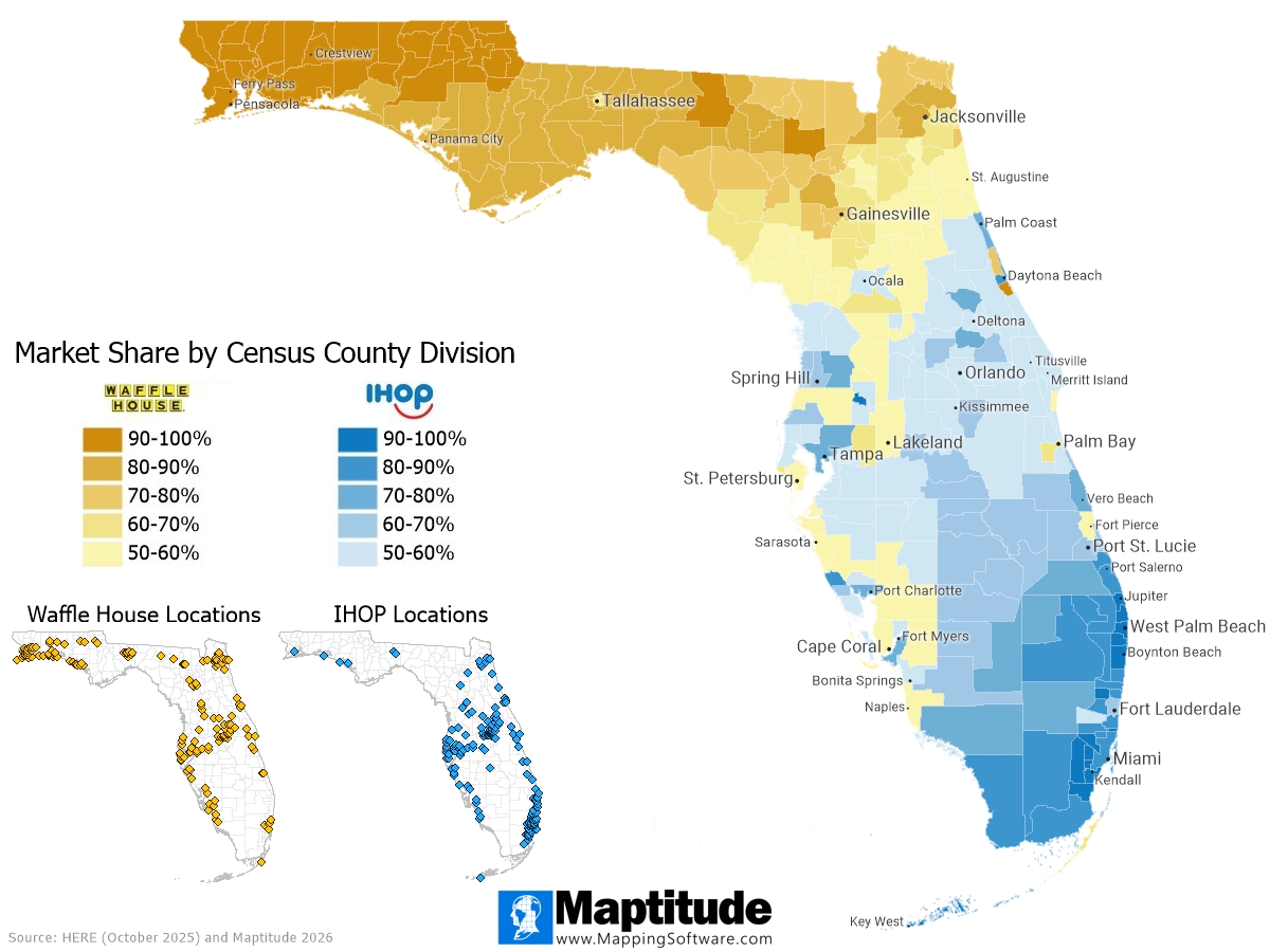 Maptitude map of Florida with each county division shaded by whether IHOP or Waffle House holds the larger market share, created using Maptitude 2026 data