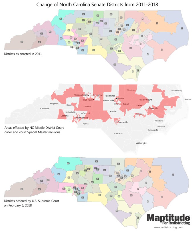 Maptitude for Redistricting map of Changes to North Carolina Senate Districts 2011-1018